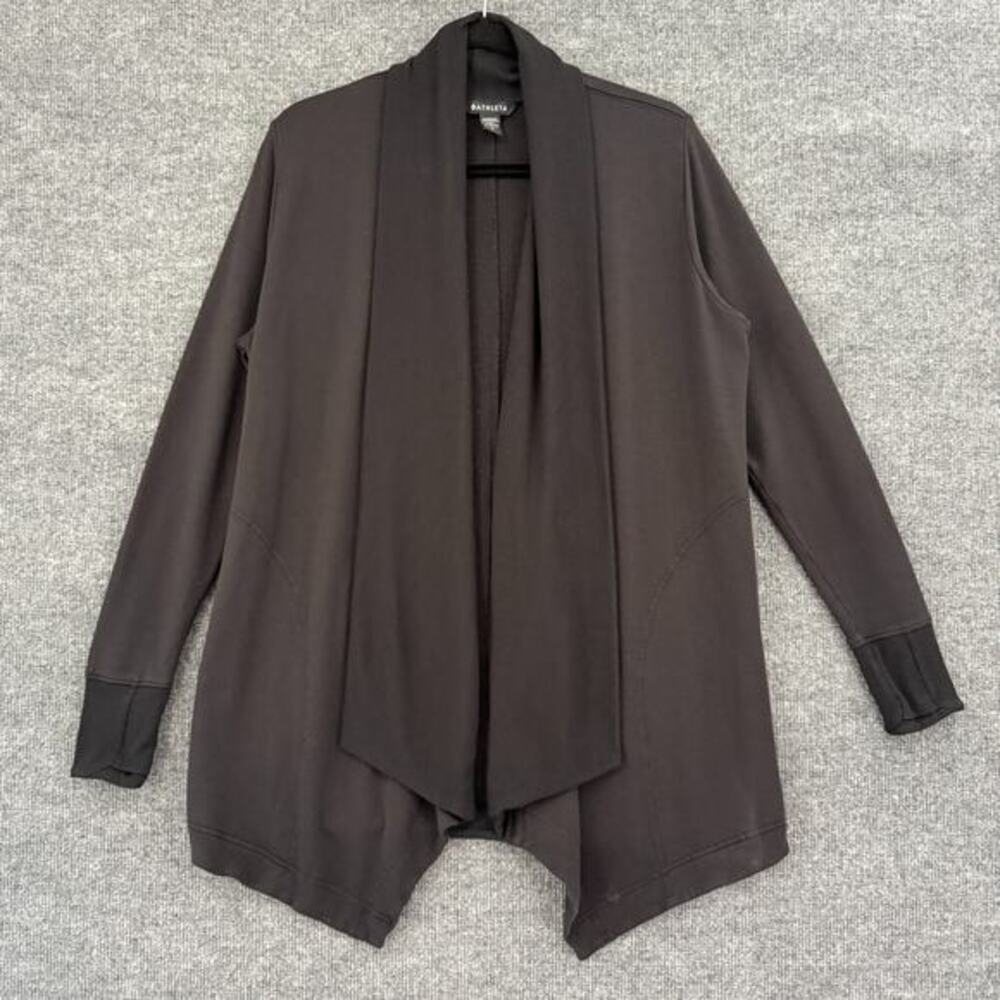 𝅺Athleta Open Front Cardigan Womens Small Black Shawl Collar Pockets Cozy Wrap